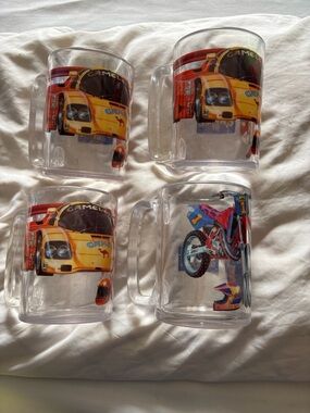 Set of 4 Clear Racing Graphic Mugs - Yellow Car & Red Bike
